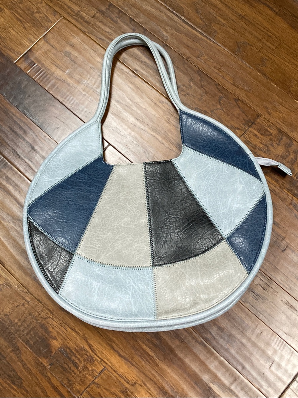 NWOT Patchwork Circle Purse in Blue, Black and Gray